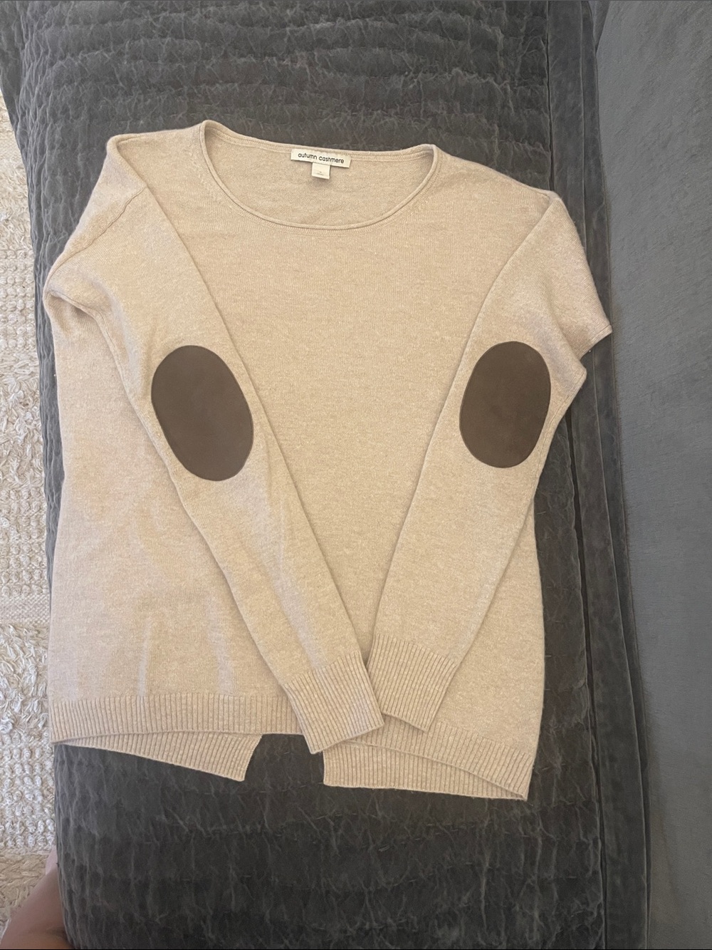 Autumn Cashmere Beige Crewneck Cashmere Sweater with Dark Brown Elbow Patches